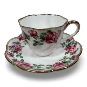 Vintage Salisbury Teacup & Saucer Floral Rose Gold Trim Bone China England 1858‎